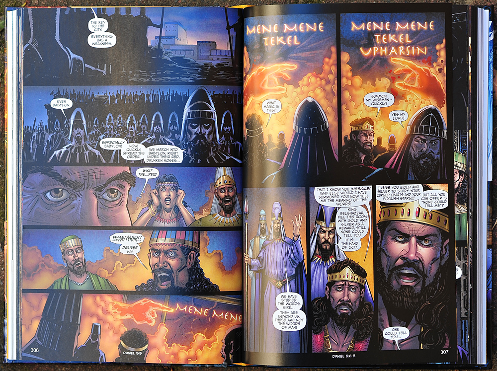 The many illustrations of comic book style Bibles can convey an extra sense of drama, while also making the text very easy to read. From The Kingstone Bible, Daniel 5:5-8. The many illustrations of comic book style Bibles can convey an extra sense of drama, while also making the text very easy to read. From The Kingstone Bible, Daniel 5:5-8.