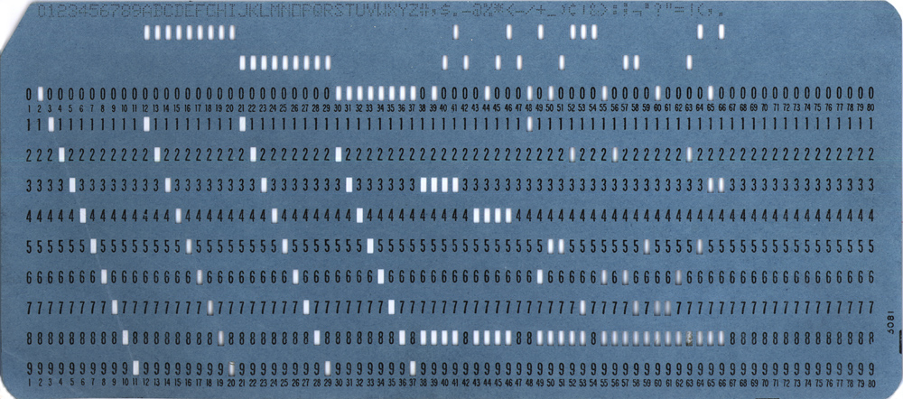 IBM-style computer punch card. It's about 19 centimetres across and stores 80 bytes of data. The 1.24 megabyte image of the card shown here would take over 16,000 of these cards to store. IBM-style computer punch card. It's about 19 centimetres across and stores 80 bytes of data. The 1.24 megabyte image of the card shown here would take over 16,000 of these cards to store.